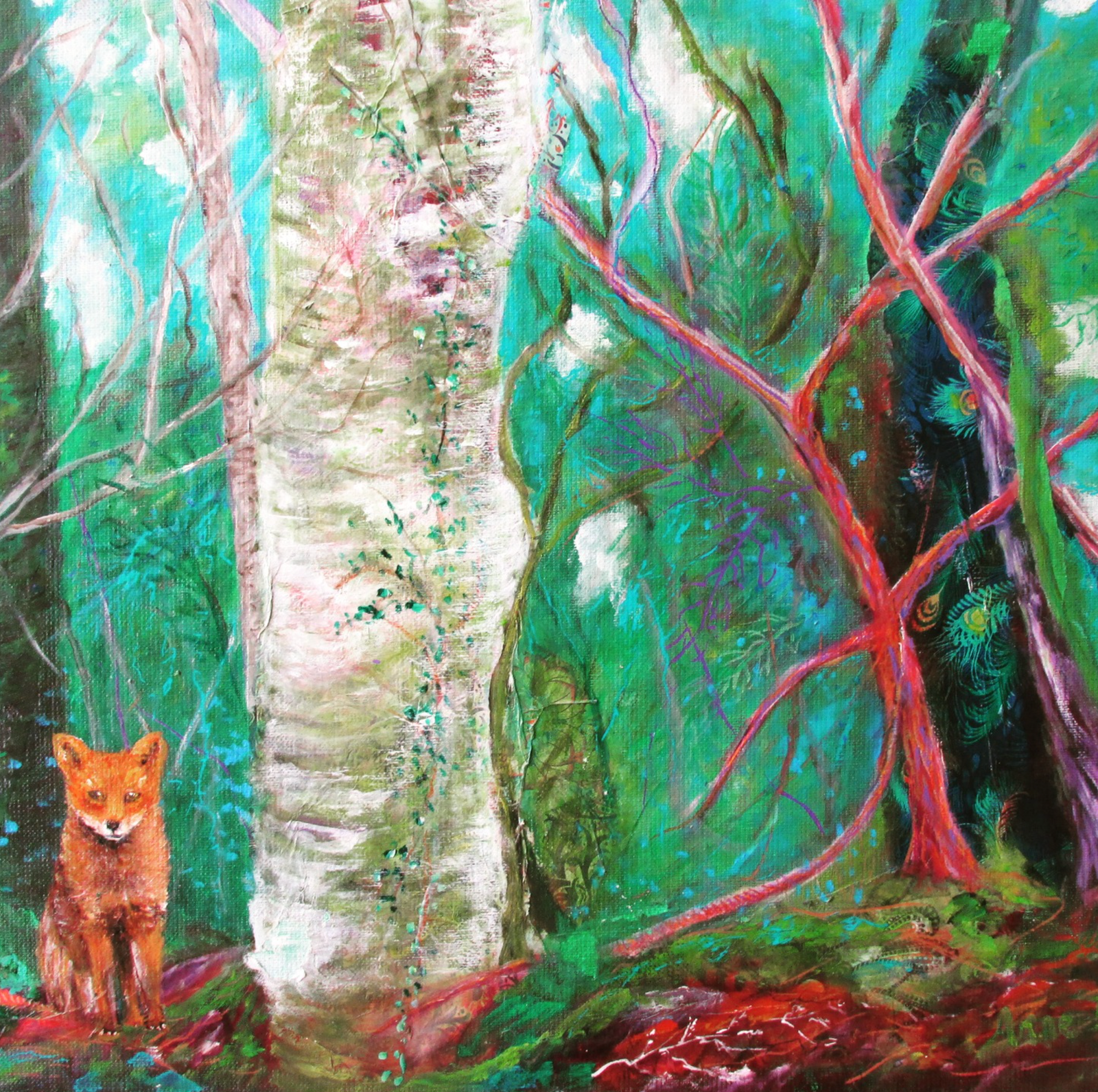 Renard sur une branche, huile sur toile, Anne Bretel